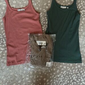 Three American Tall Ribbed Tank Tops - coral, hunter green and tan / taupe.
